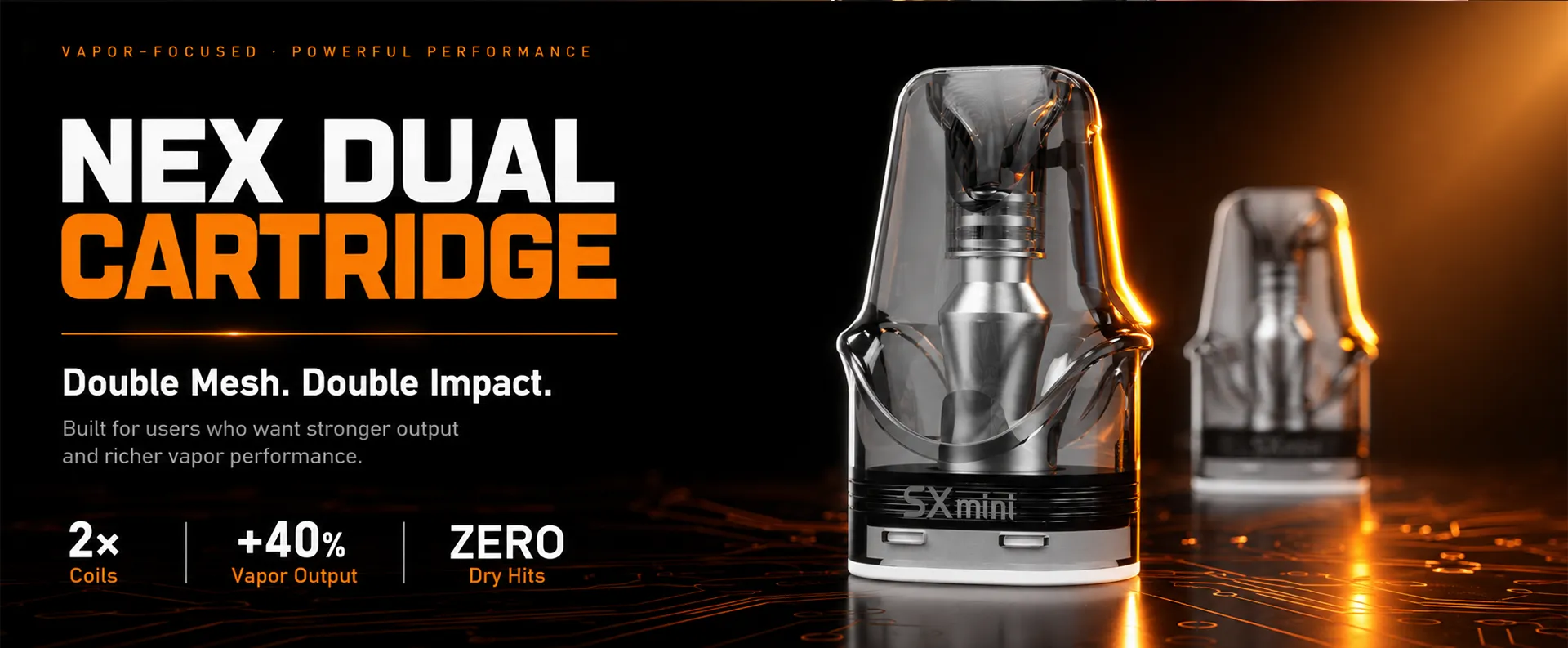 SXmini NEX Dual Cartridge – Double Mesh, Double Impact. 2x Coils, +40% Vapor Output, ZERO Dry Hits.